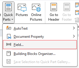 Quick parts field on ribbon in Word